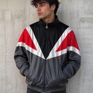 Vintage Adidas Track Jacket 80s Trefoil Geometric Chevron Red Black Grey Large